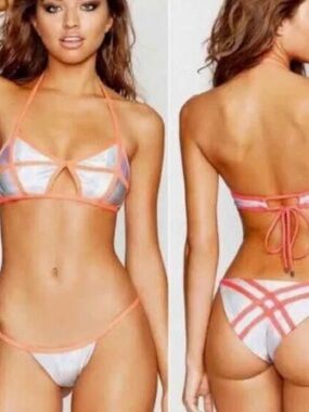 Beach Bunny Blade Runner Neon Coral Bikini Bottom with Holographic Silver Front